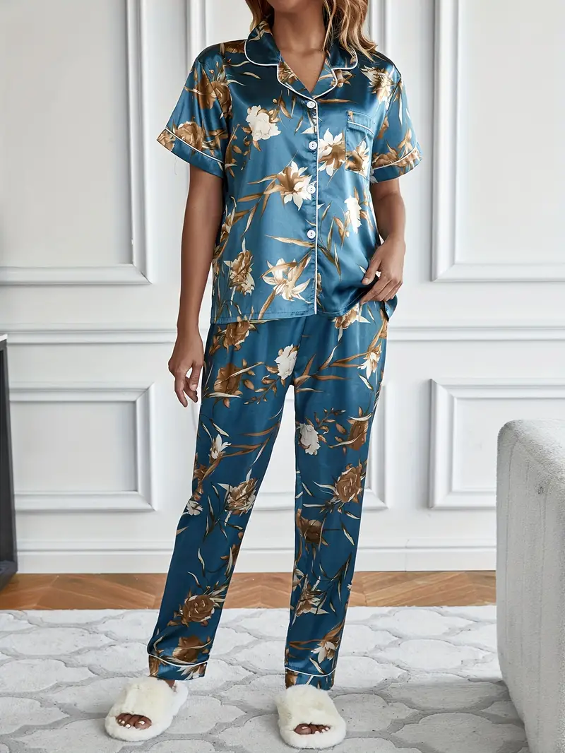 Elegant Satin Floral Print Pajamas Set, Lightweight Button Up Blouse Pajama  Top & Elastic Waistband Pajama Pants, Women's Sleepwear & Loungewear