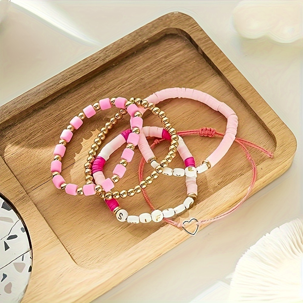 5pcs Boho Style Beaded Bracelet Set with Colorful Soft Clay Beads Stackable Hand String,Temu