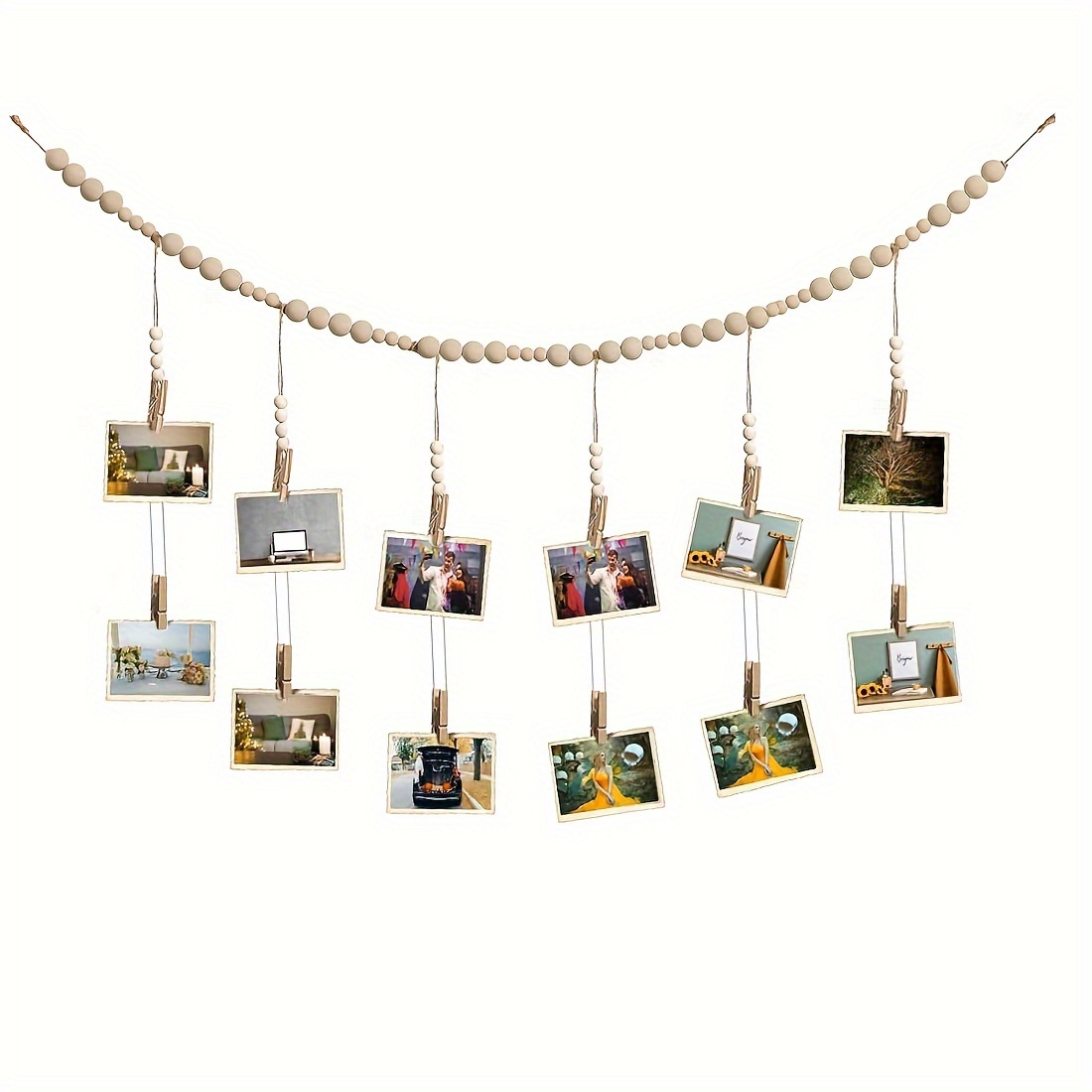 Wall Hanging Photo Display with Wooden Beads Garland, Collage