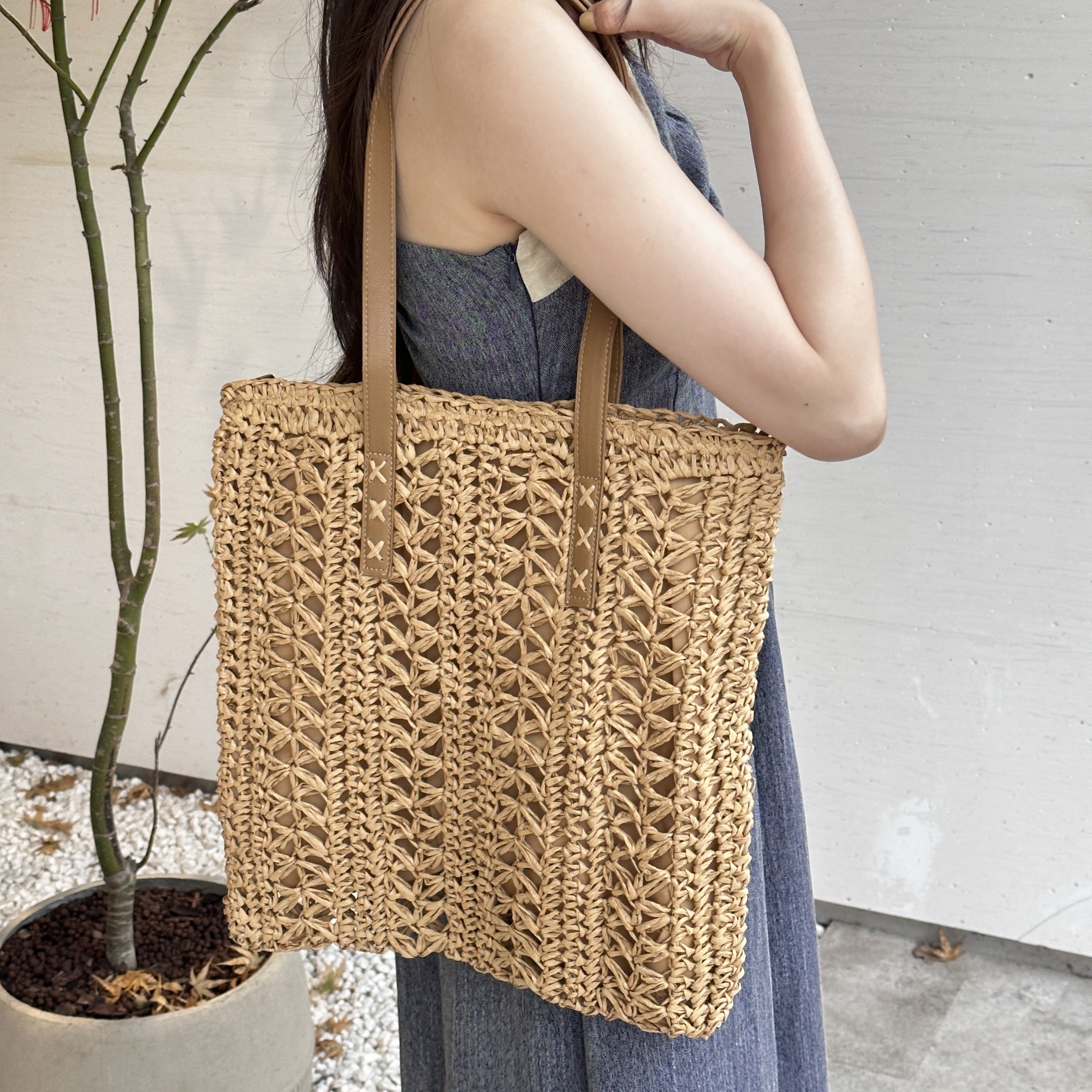Summer Large Straw Tote Shoulder Bag Round Handmade Crochet