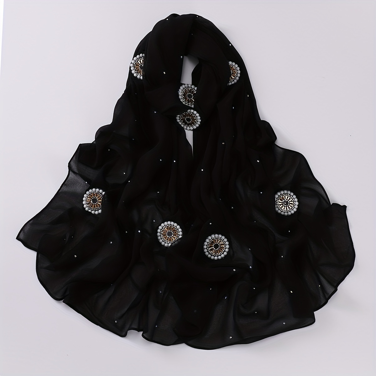 Faux Pearl Chiffon Hijab Scarf Solid Shawl Head Wrap Turban for Women