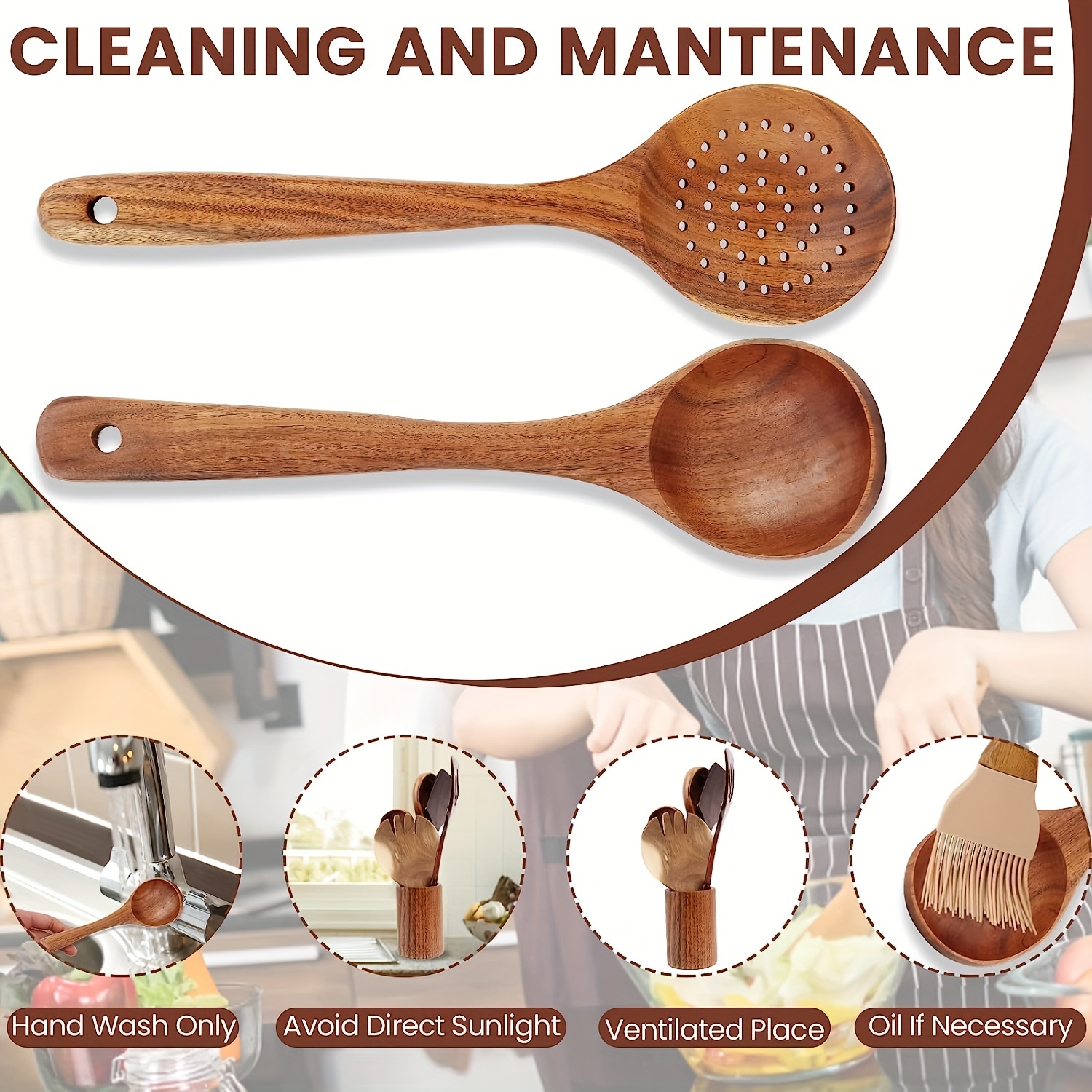 Juego de 9 cucharas de madera para cocinar, utensilios de madera de teca  natural para cocinar, agitar, mezclar, servir, herramientas de cocina como  se