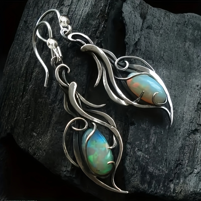 

Vintage Dangle Earrings Silver Plated Inlaid Opal Symbol Of History And Beauty Match Daily Outfits Party Accessories Gift For Female