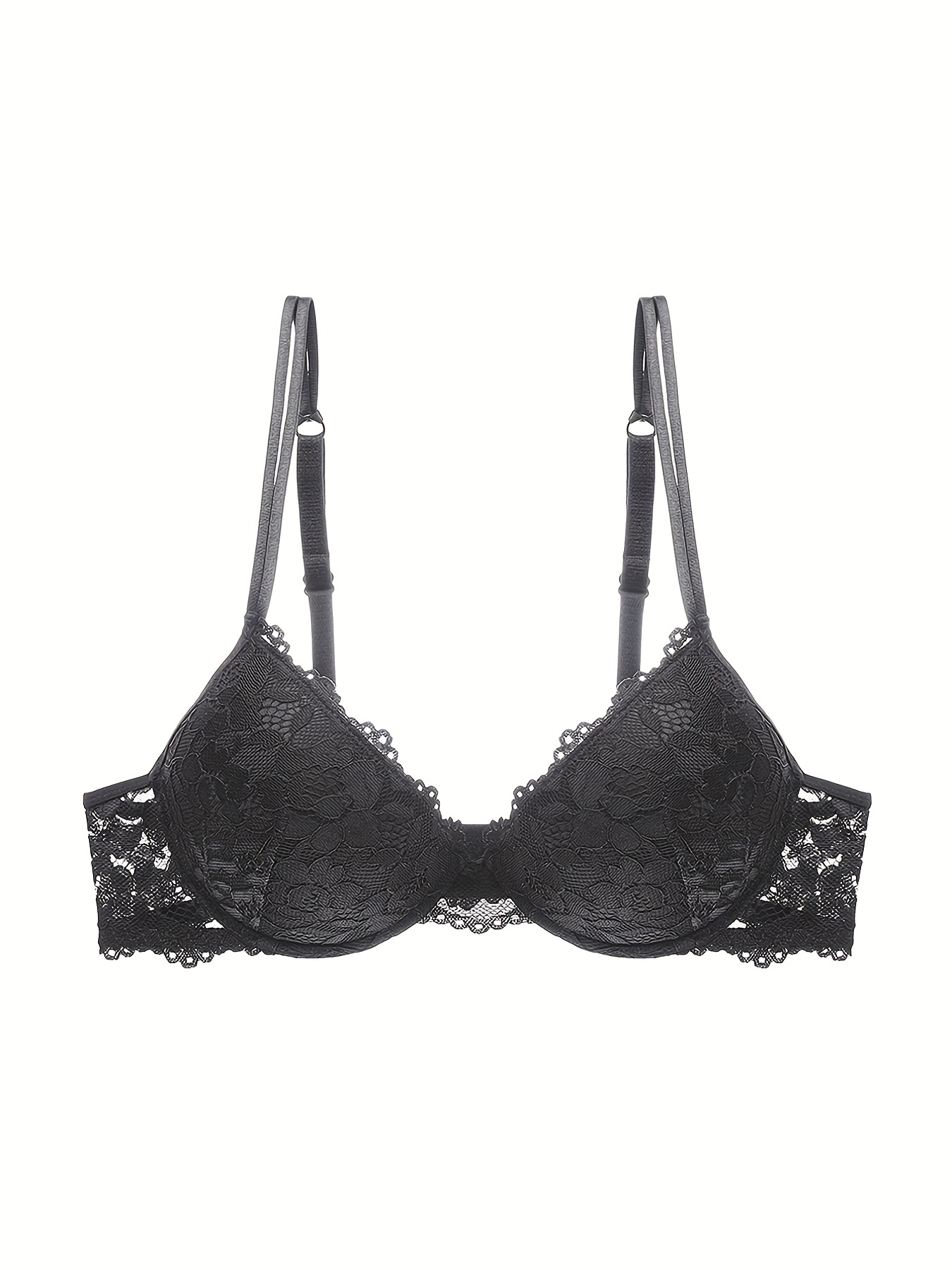 Lace Mesh Hollow Everyday Bra, Comfort & Mature Double Strap Thick Cup Push  Up Intimates Bra, Women's Lingerie & Underwear