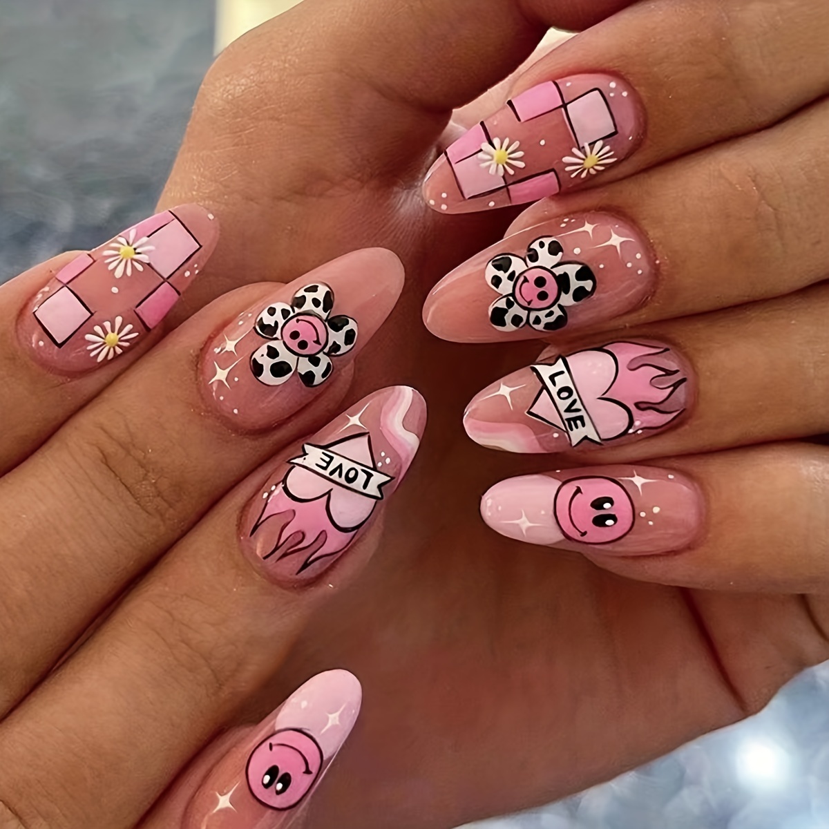 

24 Pcs Y2k Cute Press On Nails - Almond Shaped Glue On Nails With Cartoon Sunflower, Smiley Face, And Flame Designs - Medium Size For Women - Easy To Apply And Remove - Long-lasting And Durable