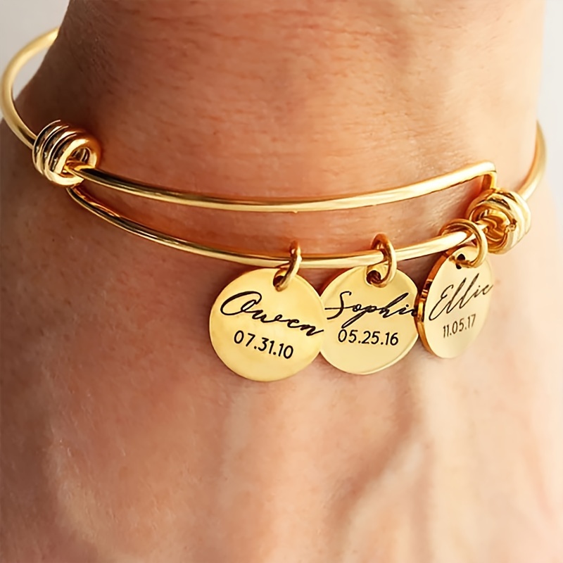 

1pc Personalized Customized Stainless Steel Round Pendant Bangle Bracelet Engraved Names Number Adjustable Hand Bangle