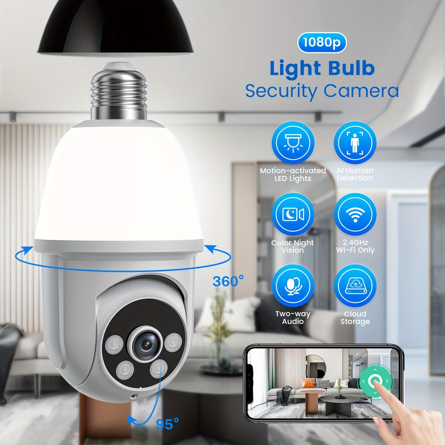 Ampoule Caméra de Surveillance intelligente, sans fil, IP HD 360 P, Wifi  LED degrés 1080, lumière.