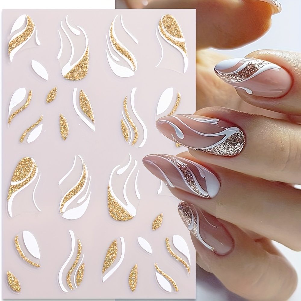 6 Sheet Gold French Fashion Line Nail Art Stickers Decals 3D Self-Adhesive  Nail Decals Gold Line Silver Line Nail Decorative Stickers Nails Art Design