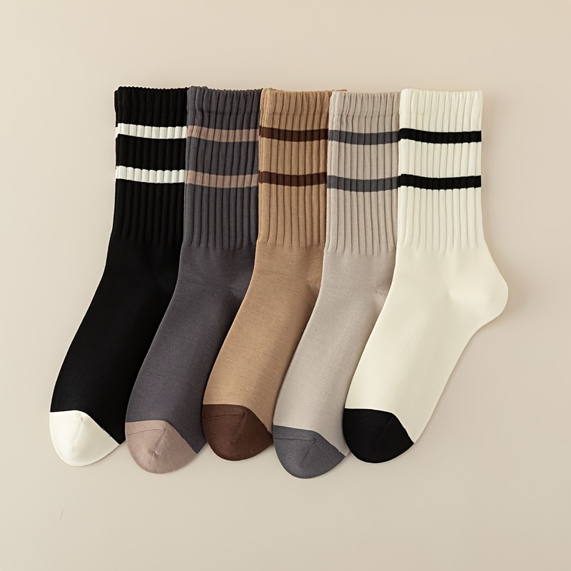 

5 Pairs Striped Crew Socks, Comfy & Breathable Mid Tube Socks, Women's Stockings & Hosiery