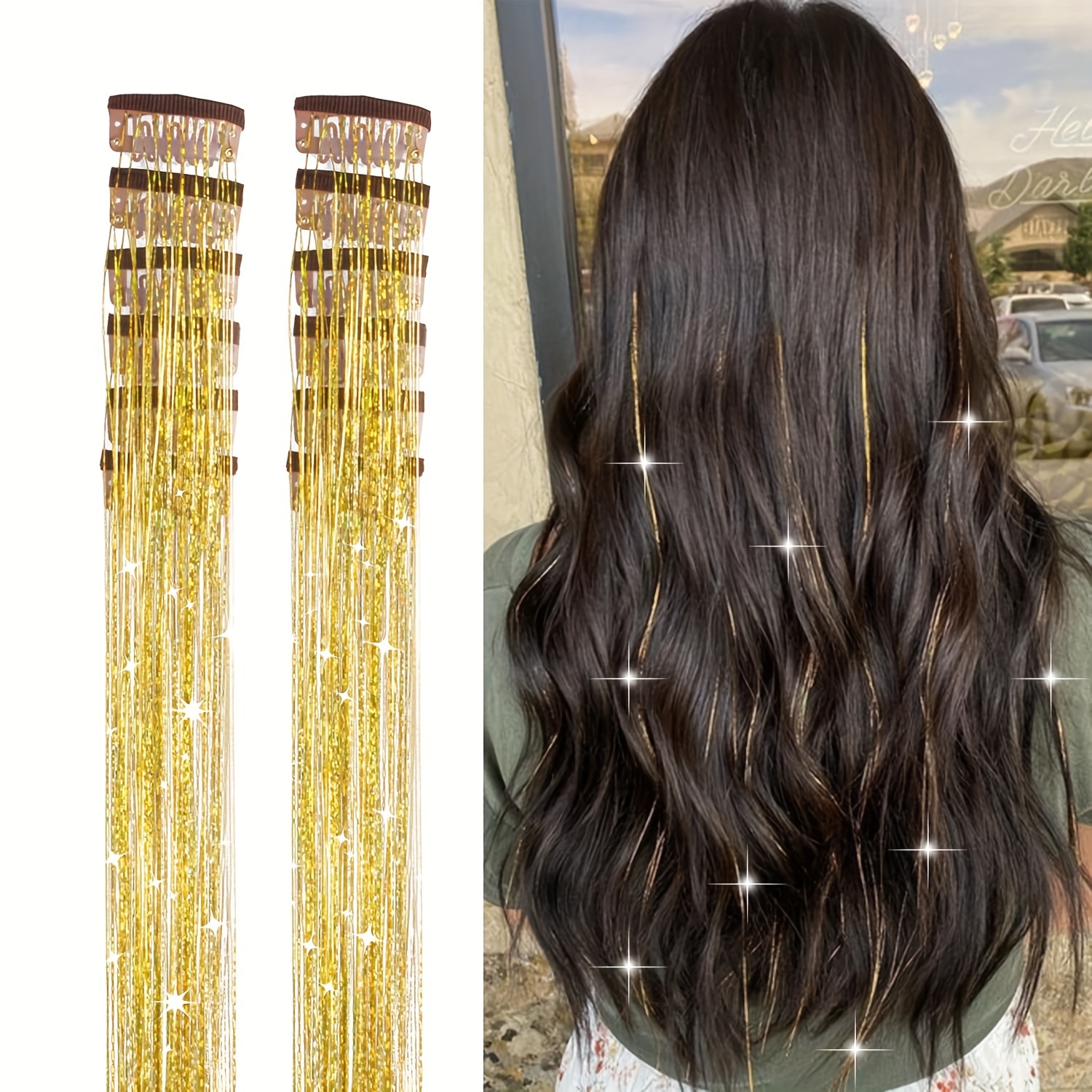 Y2K Party Glittery Tinsel Hair Extension 6pcs/set Clip in Hair Tinsel Kit Sparkle Hair Accessories for Women Girls Kids,Temu