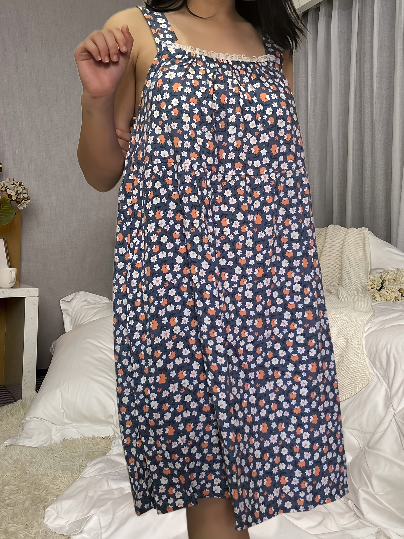 Floral Print Nightdress Casual Comfy Lace Trim Tank Sleep Temu