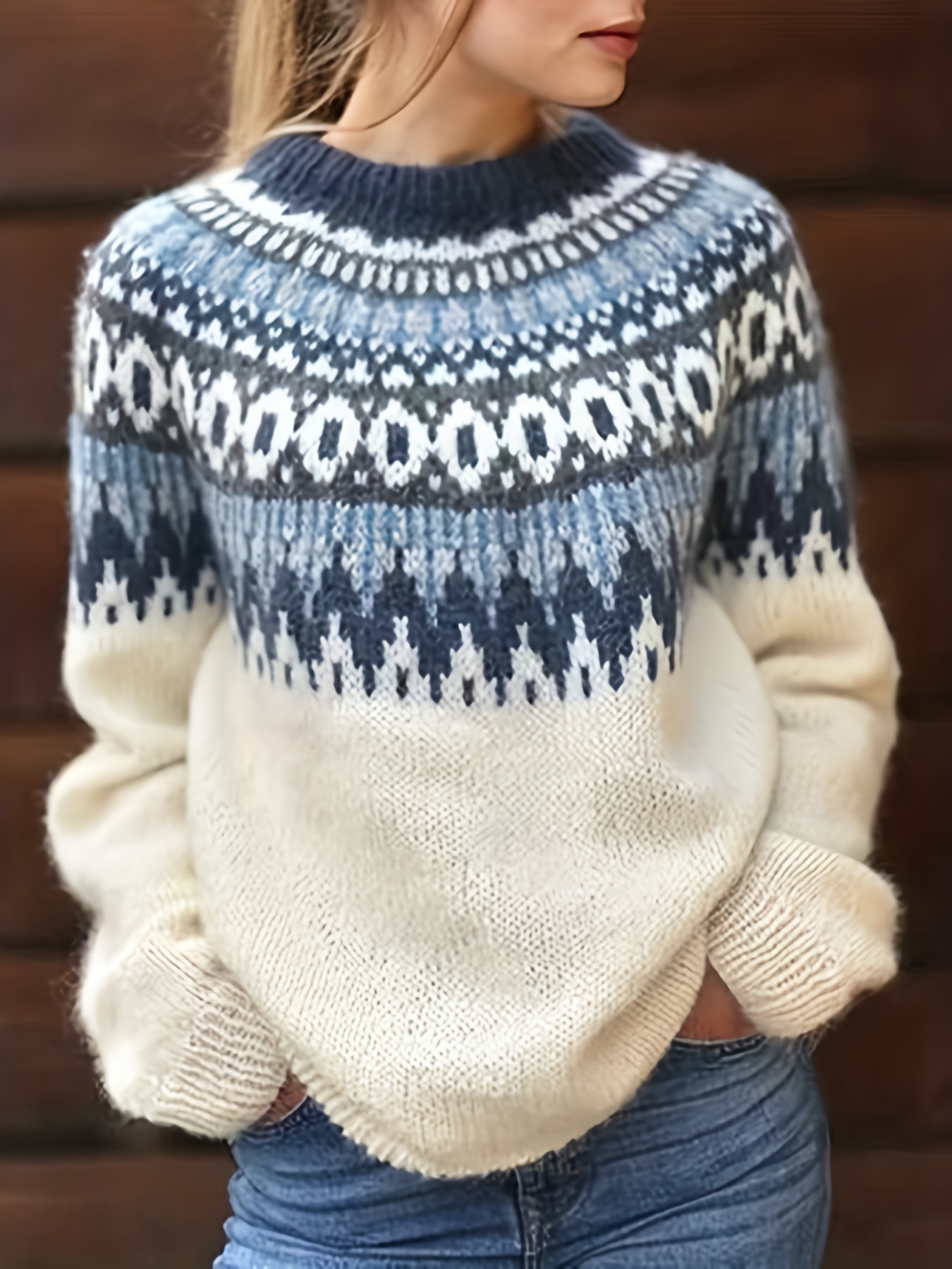 Fair Isle Pattern Crew Neck Sweater, Vintage Long Sleeve Sweater For ...
