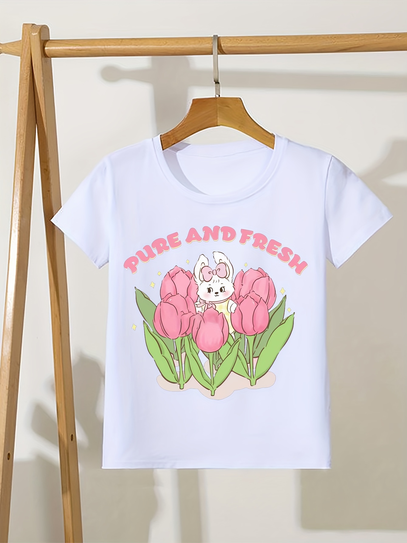 Bunny In Flower Garden Print T shirt Cozy Versatile Short - Temu Australia