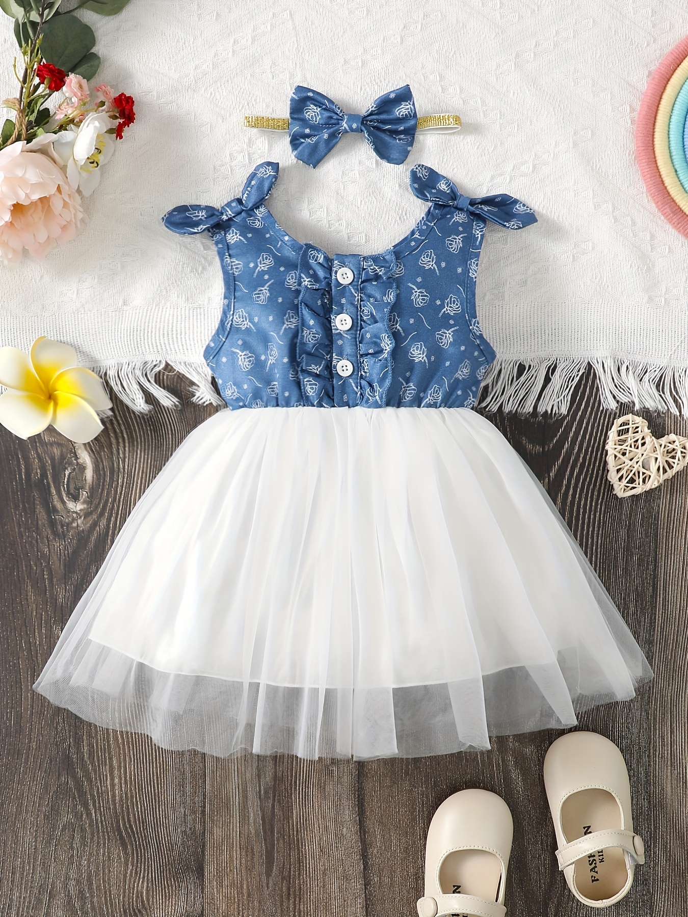 Toddler Girl Floral Print Mosaic Mesh Dress Princess Dress Temu