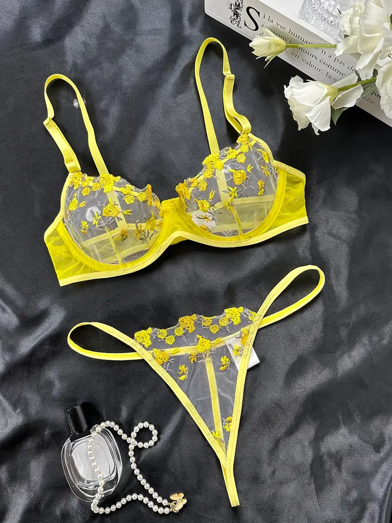 floral embroidery lingerie set sheer unlined bra mesh thong womens sexy lingerie underwear details 2
