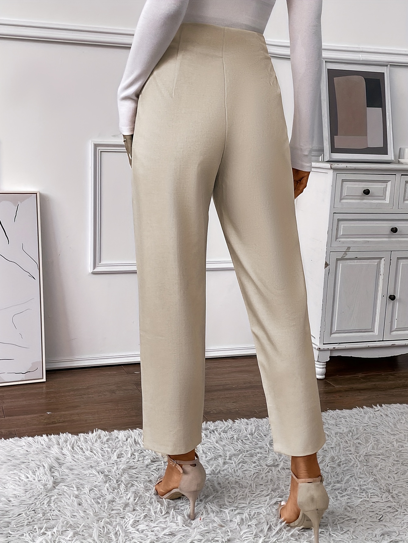 Pantalones Cintura Alta Sólidos Elegantes Pantalones - Temu