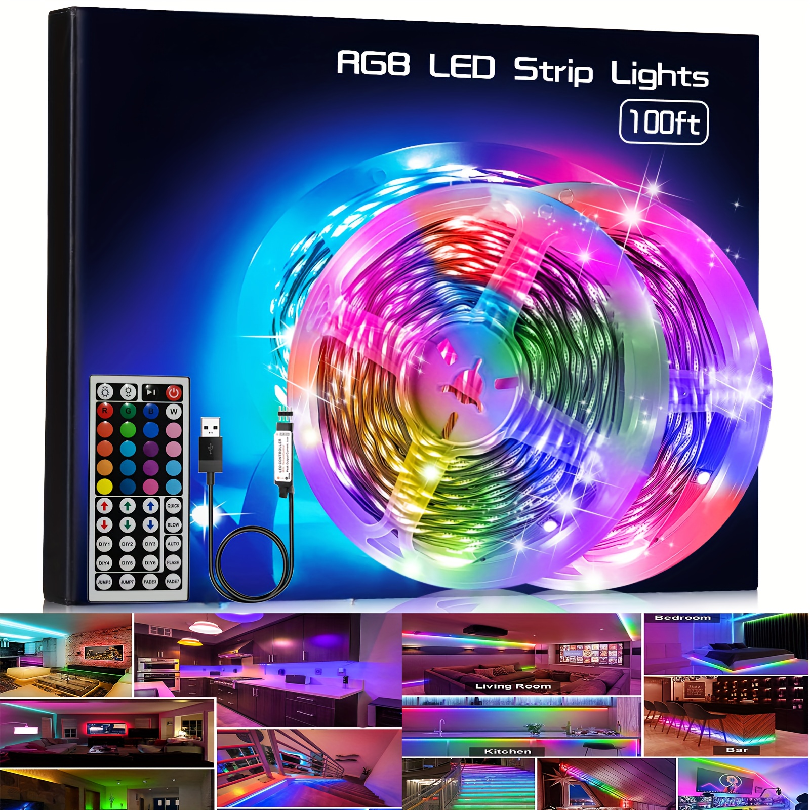Guirlande lumineuses GENERIQUE Bande lumineuse LED avec lumière multicolore  USB 5050 RGB souple 5M（Contrôleur 17 touches） Blanc MK37