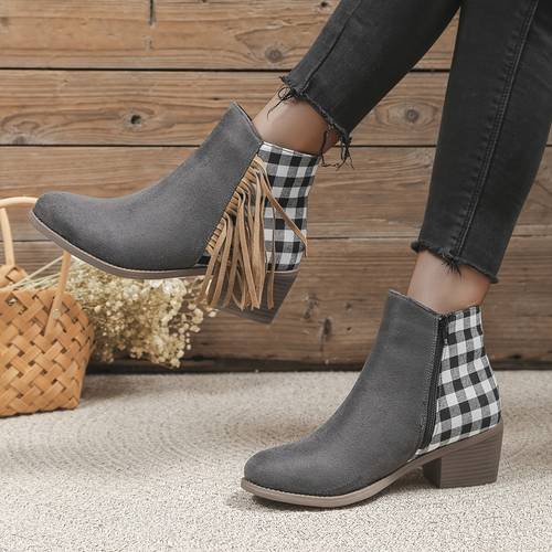 Women's Tassel Decor Pointed Toe Boots, Gingham Pattern Chunky Heeled Ankle Boots, Women's Footwear