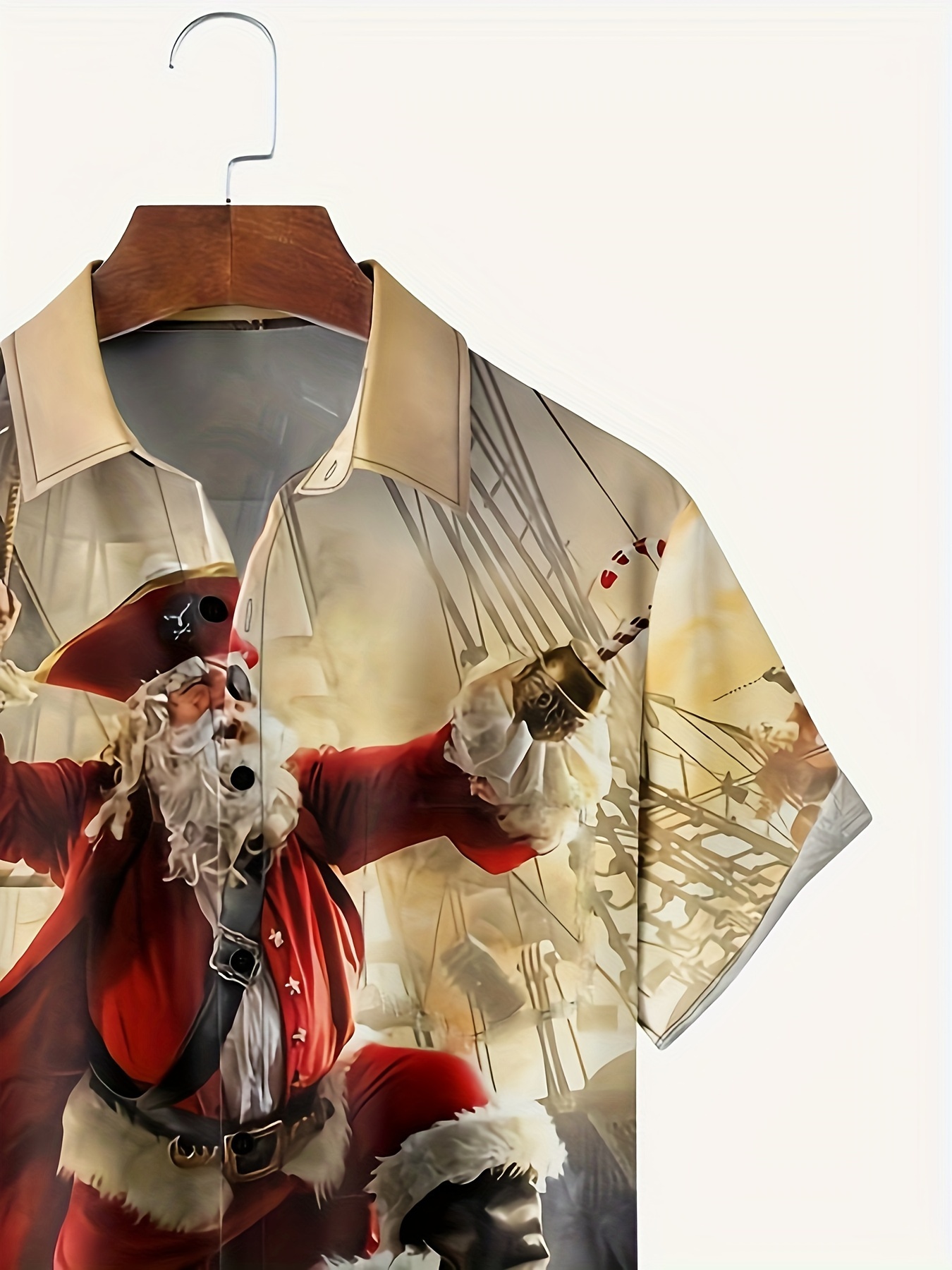 Christmas Santa & Elk Cartoon Pattern Men's Short Sleeve Button-down Shirt  With Chest Pocket, Gift For Men
