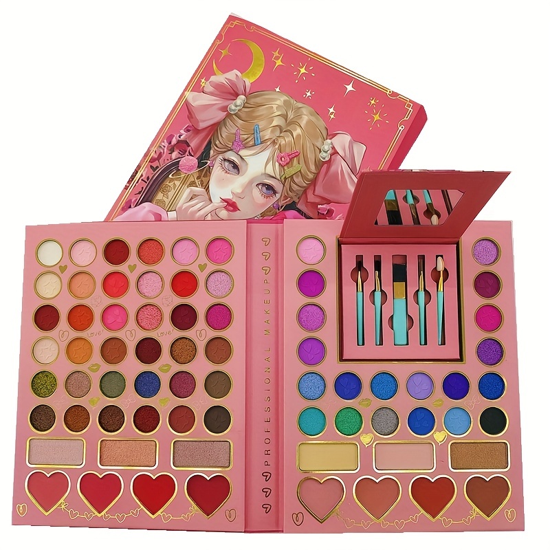 

70 Color Cute Girl Eyeshadow Palette, Pearly Matte Gloss Eyeshadow High Gloss Powder Blush Multi-functional Face Contouring Palette Contain Plant Squalane