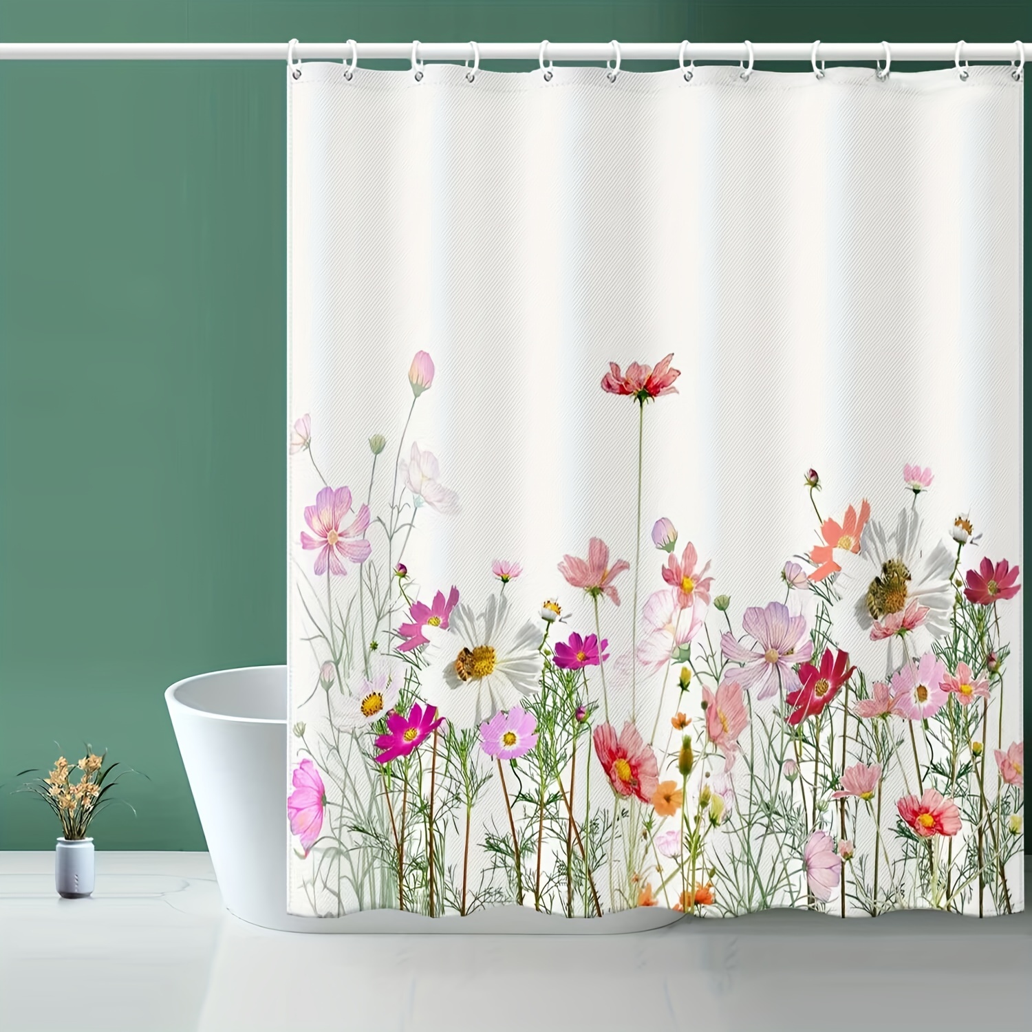 Full Wall Flower Polyester Shower Curtain Waterproof - Temu