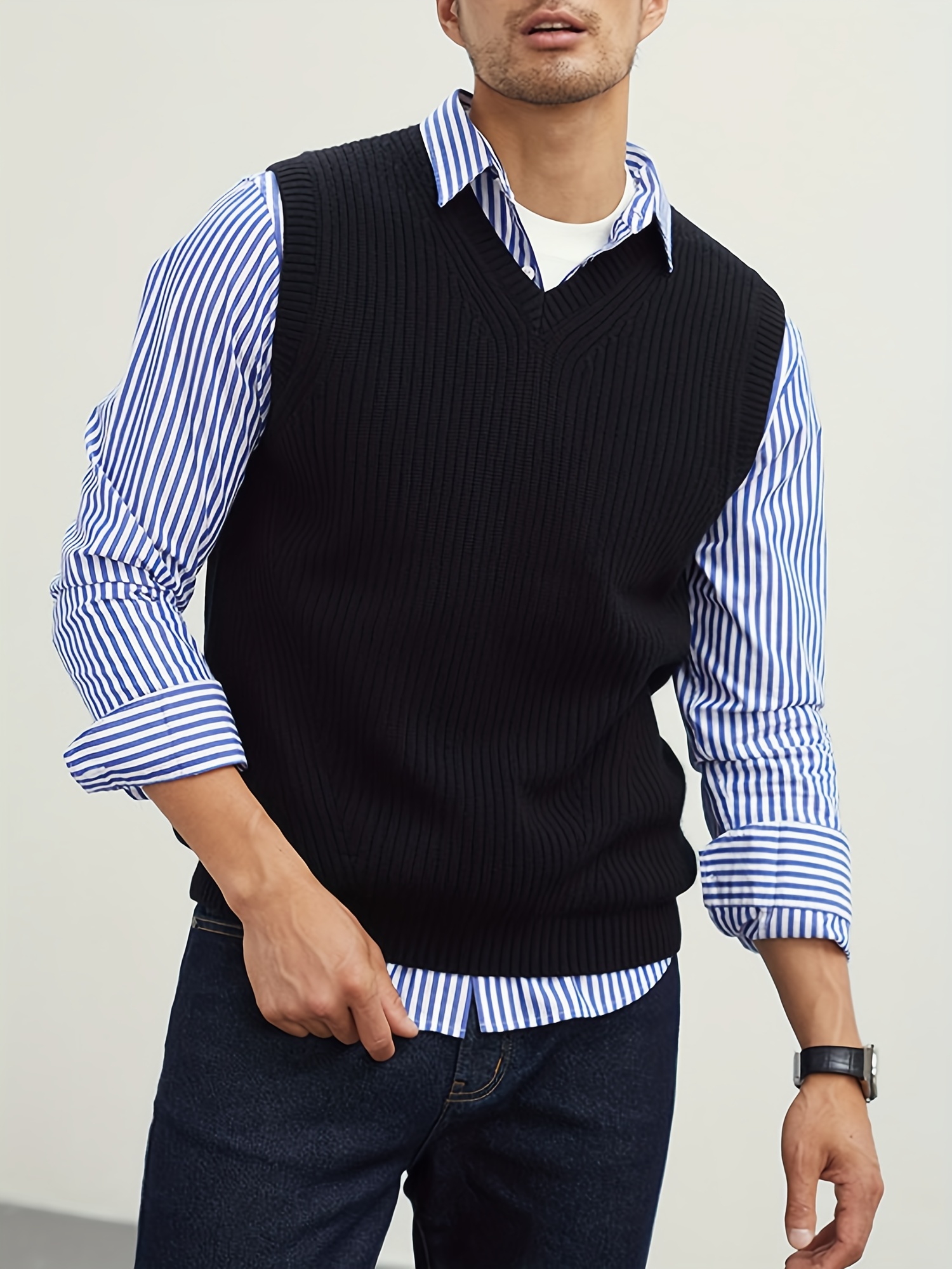 Solid V-neck Sleeveless Sweaters Vest + Shirt Two-piece Suit
