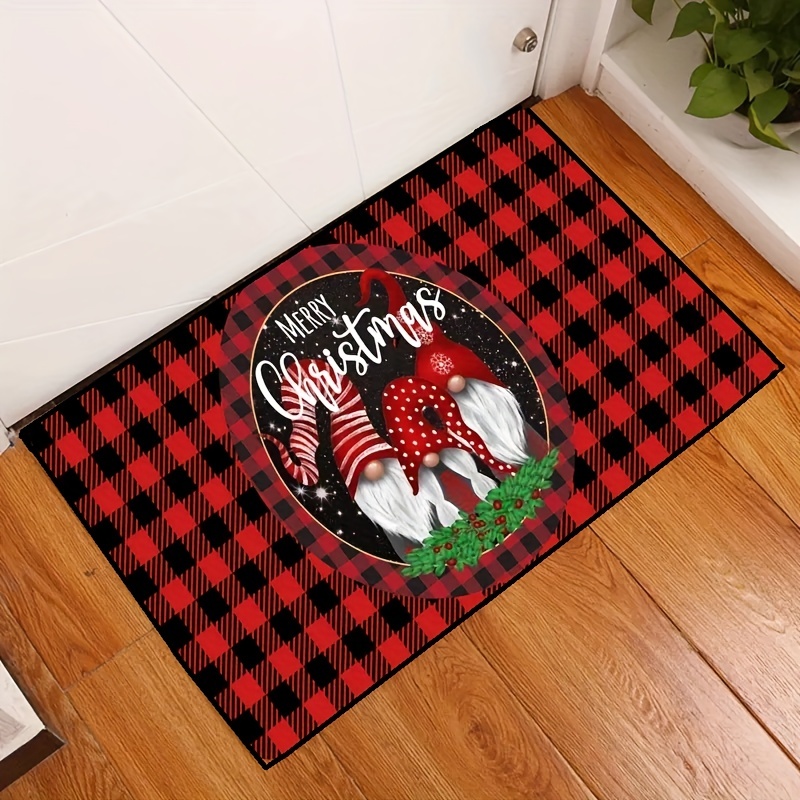 Plaid Tree Gnome Red Black Christmas Rug, Winter Floor Mat, Merry