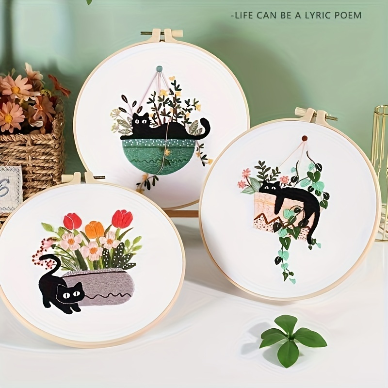 French Hand Embroidery Kit - Cat's Life is Good on a Bicycle