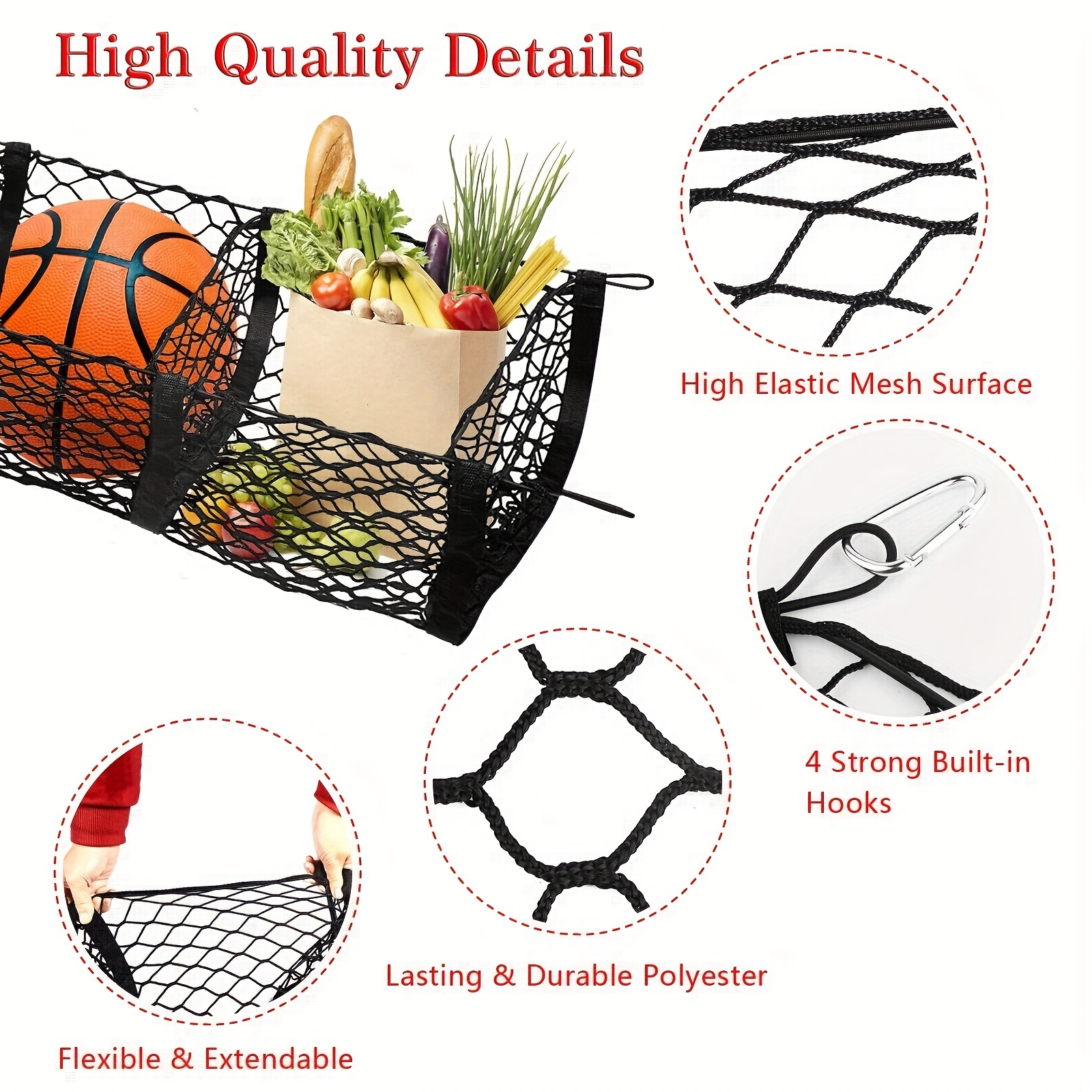 Cargo Net Trunk Bed Organizer,Mesh Storage Net with 4 Metal Hooks,43.3×11.8  inch Heavy Duty Cargo Net for SUV,Car,Toyota,Pickup Truck Bed,Truck Bed  Grocery Holder 