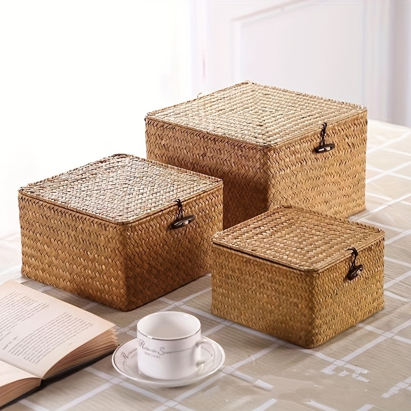 2 cestas de hierba marina con tapa, rectangular tejida a mano, caja de  almacenamiento de mimbre para organización de estantes, contenedor pequeño