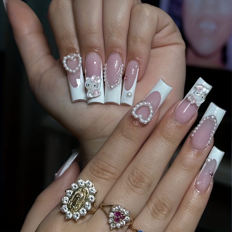 French Tip With Charms Press on Nails. Length Short-xxl. Stick 