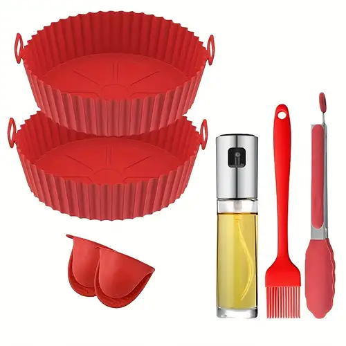 8inch Air Fryer Silicone Pot, 5pcs Airfryer Accessories Set Silicone Liners  With Food Clip Oven Gloves Oil Brush Heat Resistant Reusable Deep Fryer Ov