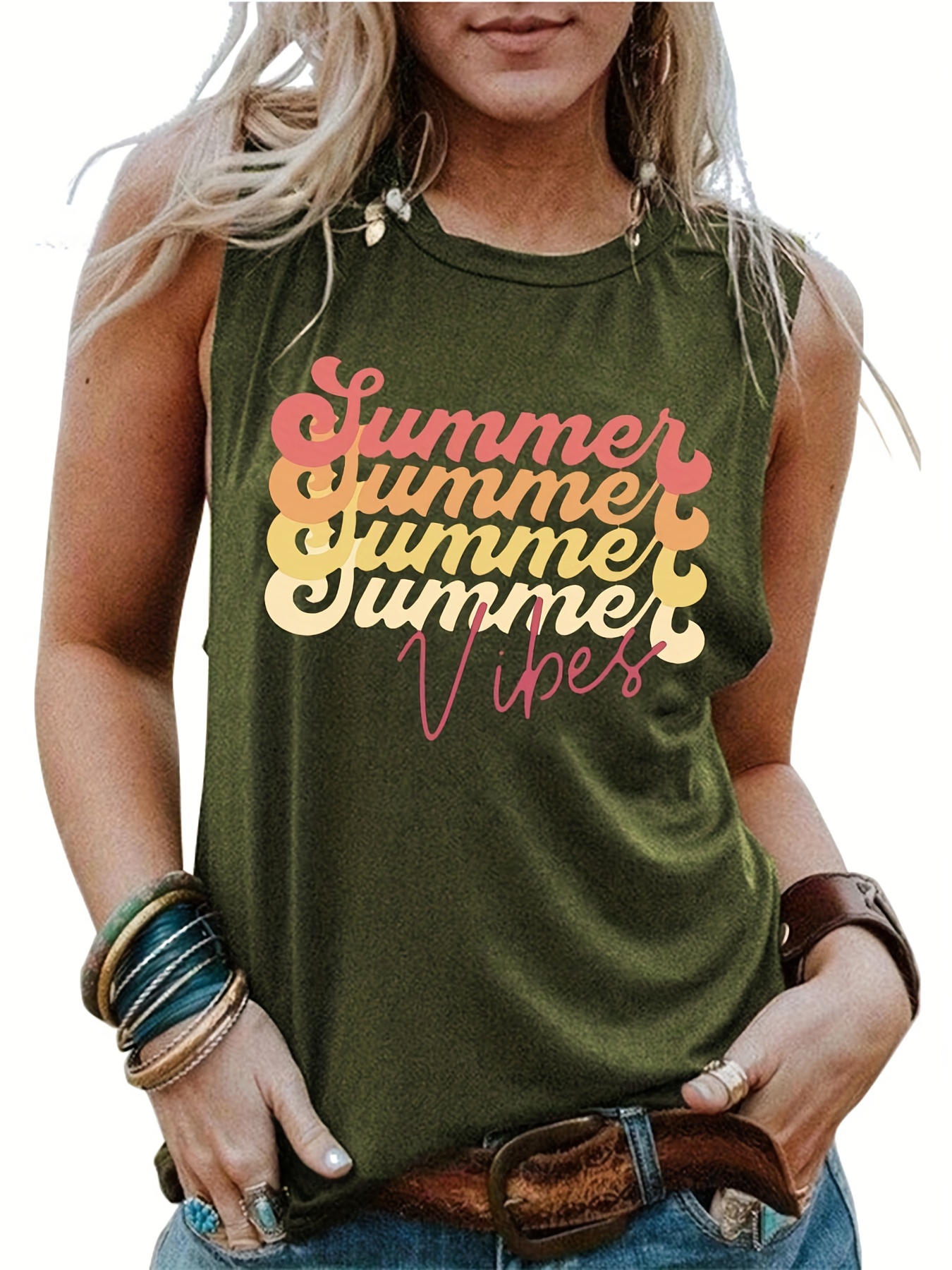 Letter Print Crew Neck Tank Top Casual Sleeveless Tank Top Temu