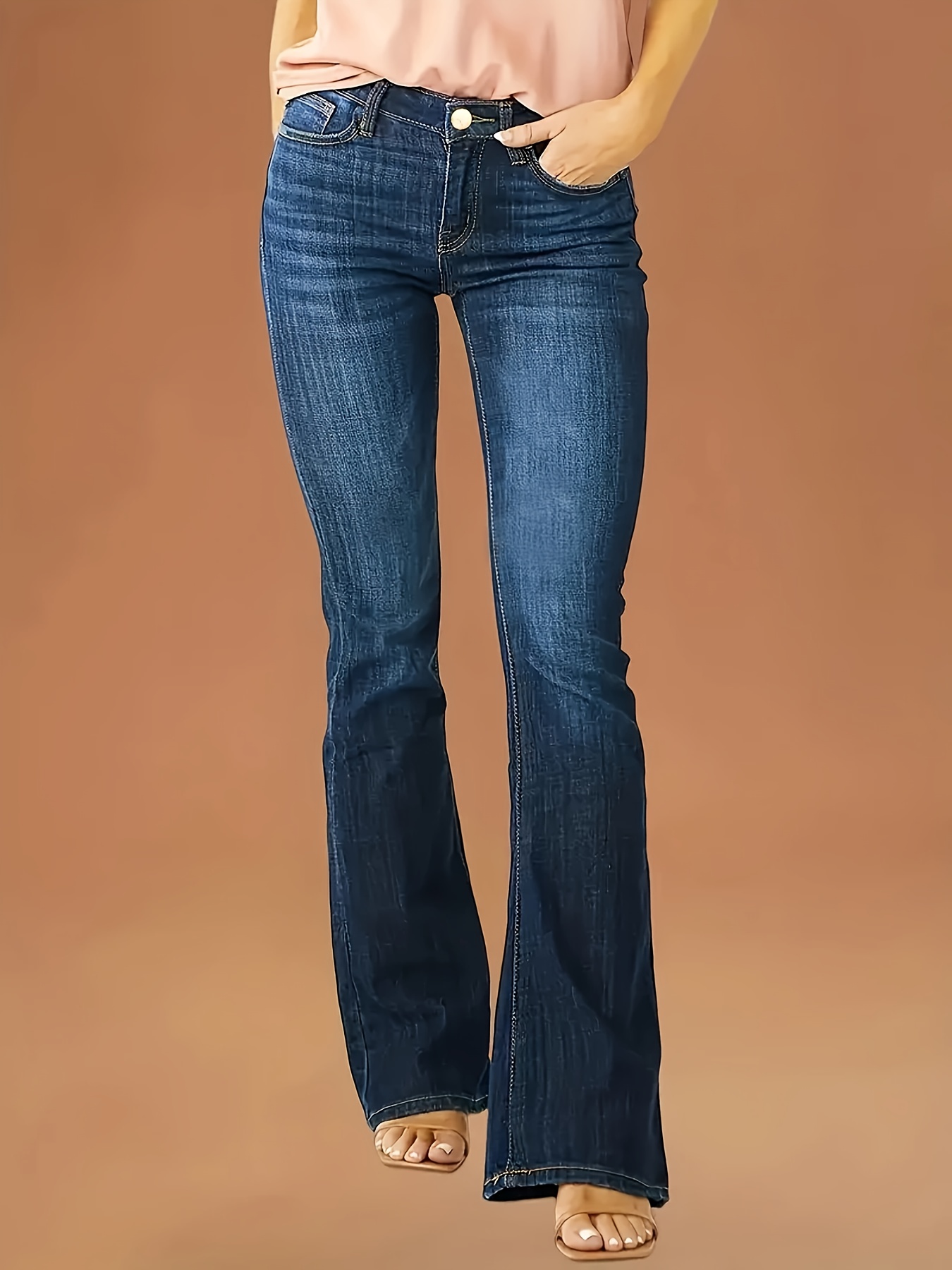 Blue High Stretch Flare Jeans Slant Pockets Casual Bell - Temu Canada