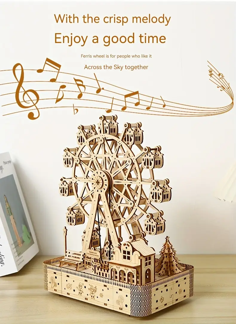 3d three dimensional wooden puzzle model adult toy wheel music box built in led wooden crafts ornaments christmas decoration halloween thanksgiving new years eve gift details 1