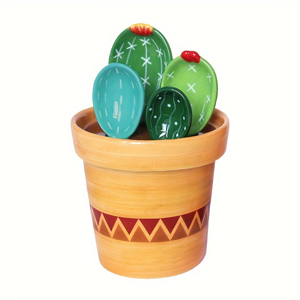 KOWVOWZ Cactus Measuring Spoons Set in Pot Cute Ceramic Kitchen Measuring  Cups and Spoons Set with Holder for Baking Salt Sugar