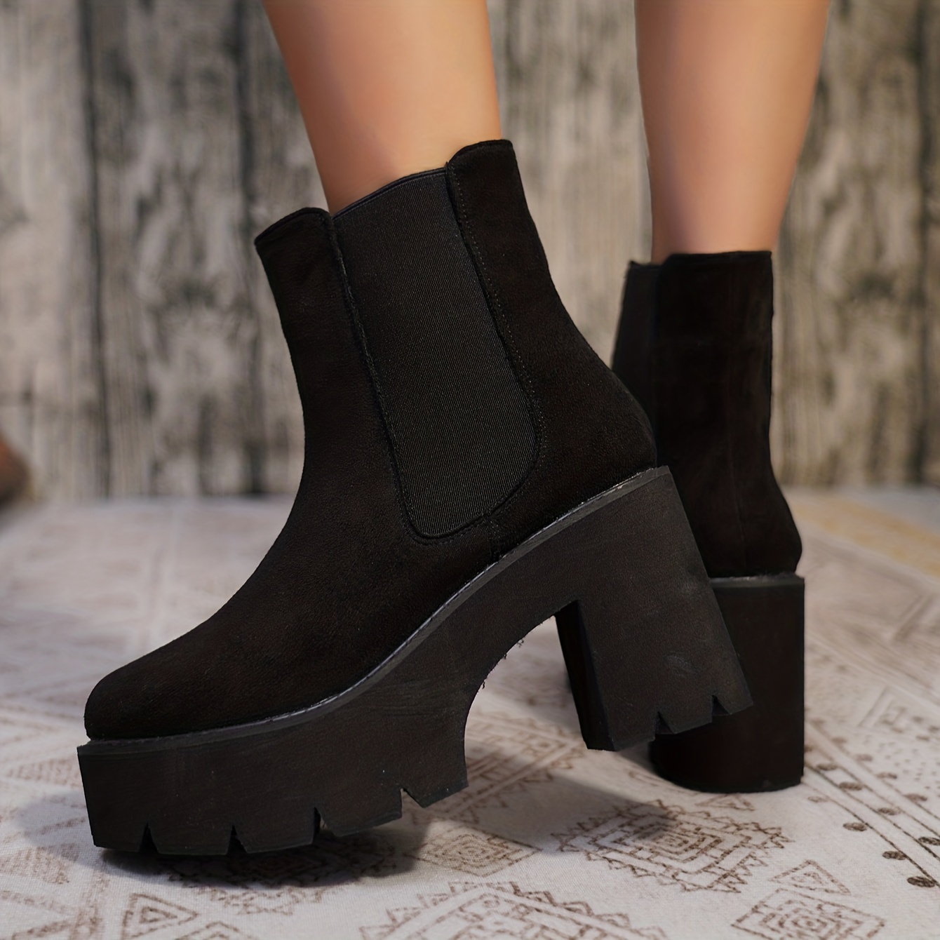 Black Suedette Chunky Block Heel Platform Sandals