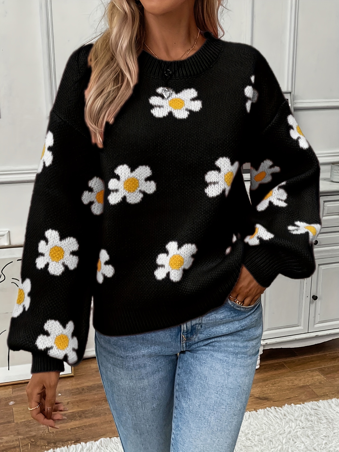 Floral Print Sweater Long Sleeve Pullover Women's Clothing