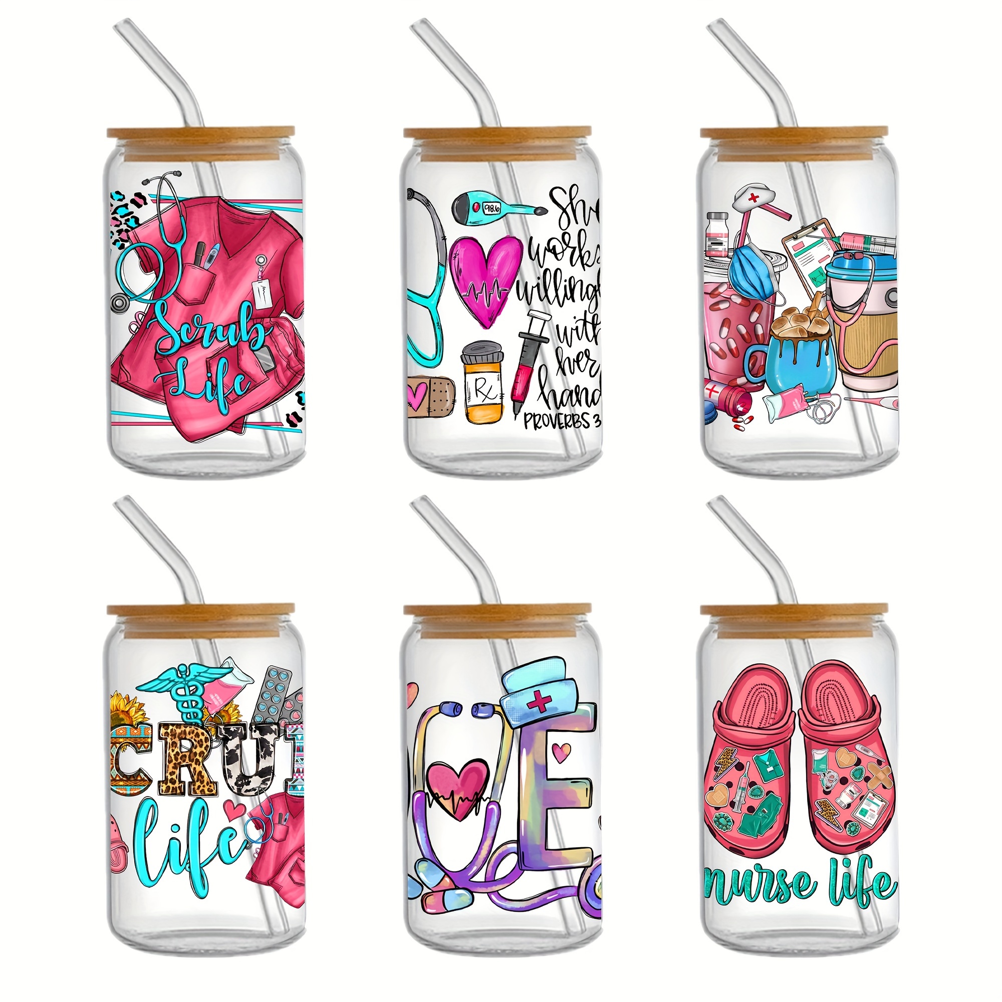 5 Sheets of Mixed Nurse Designs Style UV DTF Transfer Sticker for 16oz  ,20oz, Libbey Glass Cups,40oz Tumbler UV DTF Cup Wrap Transfer Sticker for  Glass Coffee Cups,DIY Waterproof Clear Film Rub