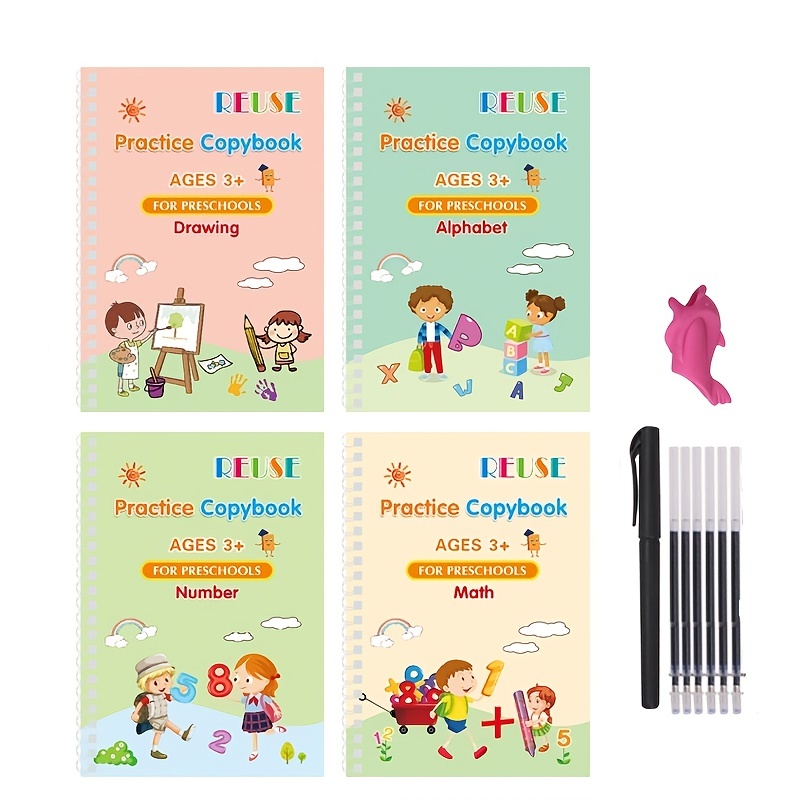 4 Packs Magic Practice Copying Book With Disappearing Ink Pencil And Grip,  Kids Groove Handwriting Book Slot Handwriting Tracing Letter Grass Book Wor