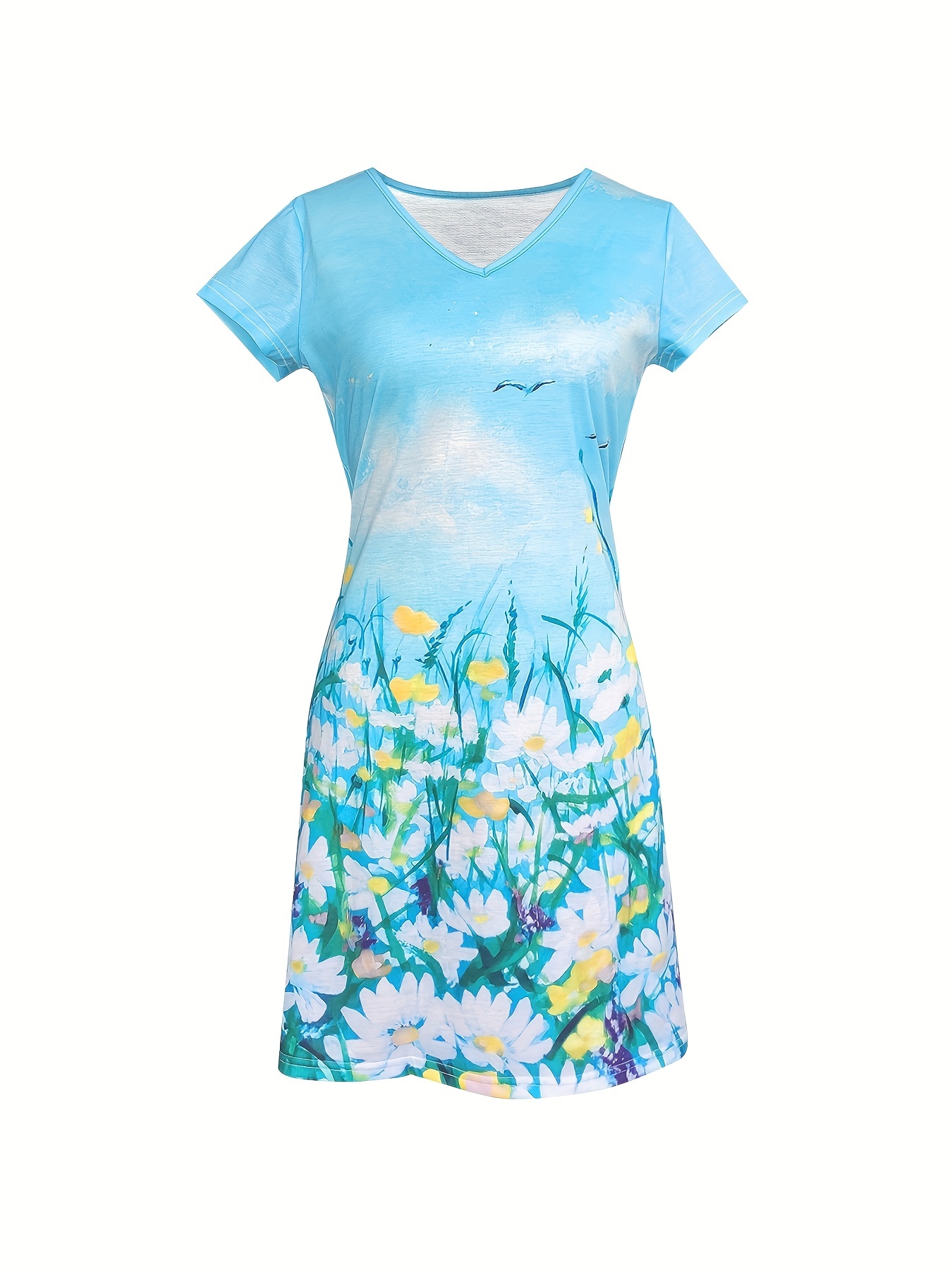 Sukienka z krótkim rękawem w kwiatowy wzór, casualowa sukienka midi z dekoltem w szpic, odzież damska