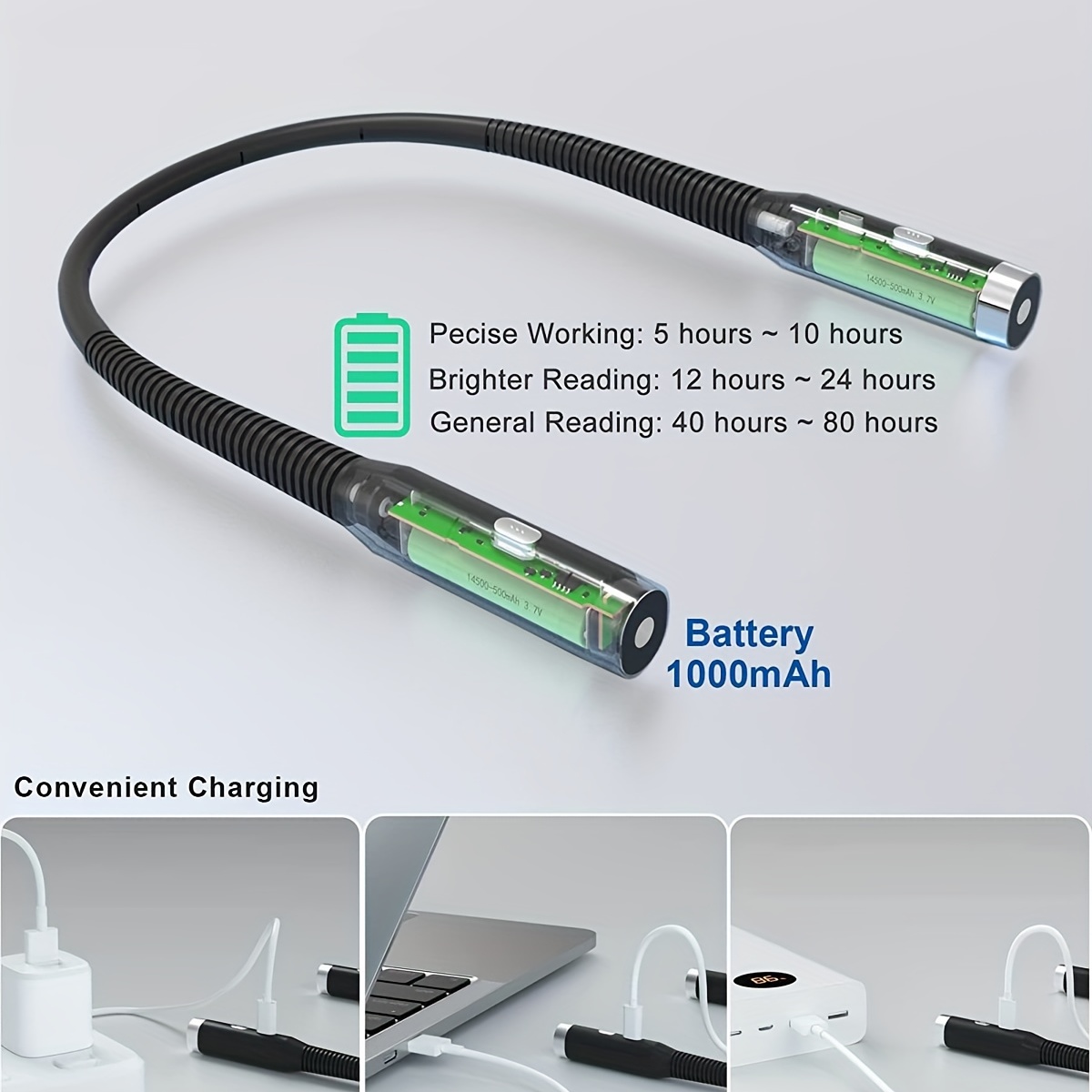 1pc Luz De Lectura De Cuello, Luces De Libro Para Leer En La Cama, 3  Niveles De Brillo, Recargable, Brazos De Silicona Suave Y Flexibles Cómodos  De Us