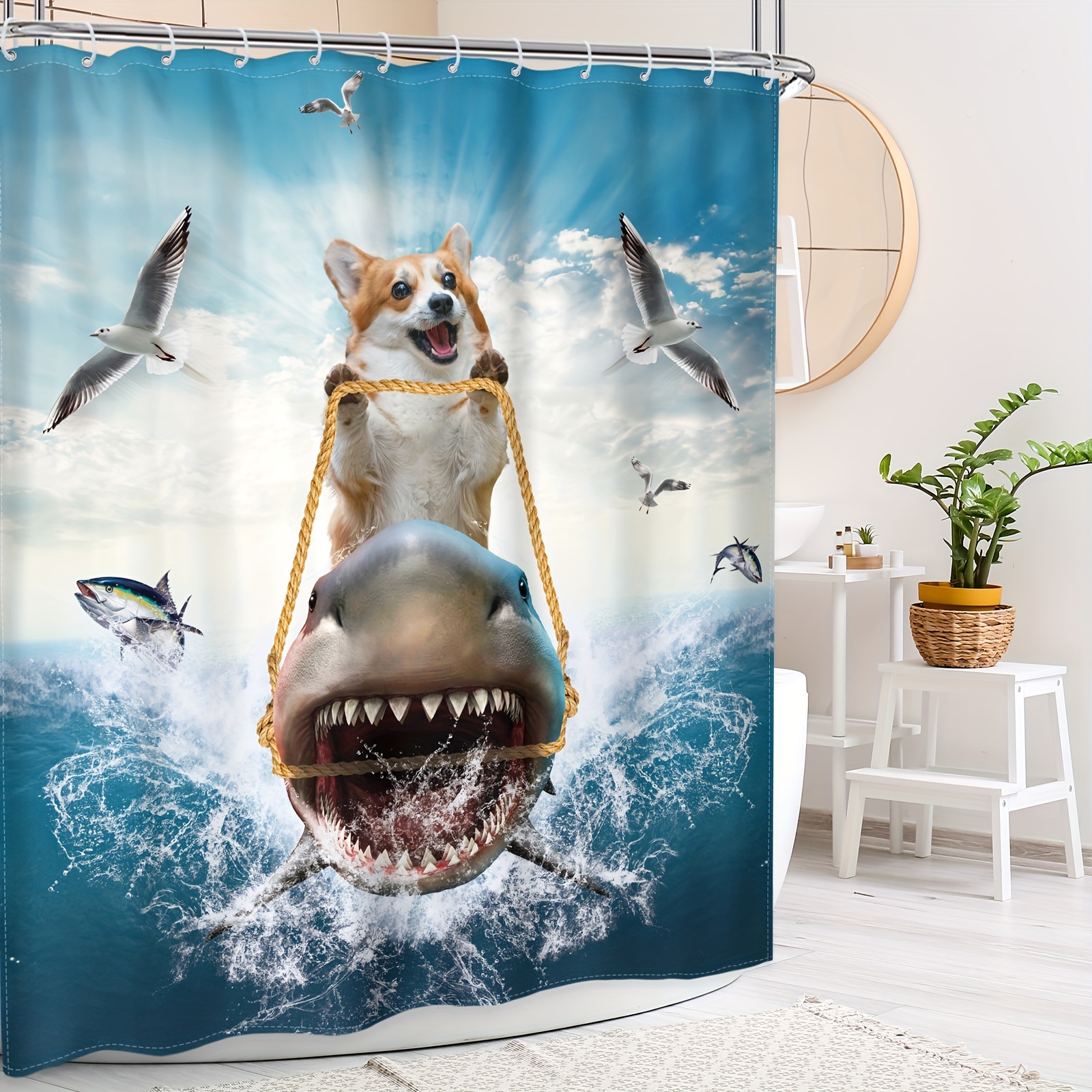 Funny Dog Shower Curtain Corgi Riding Shark Ocean Sea Shower - Temu