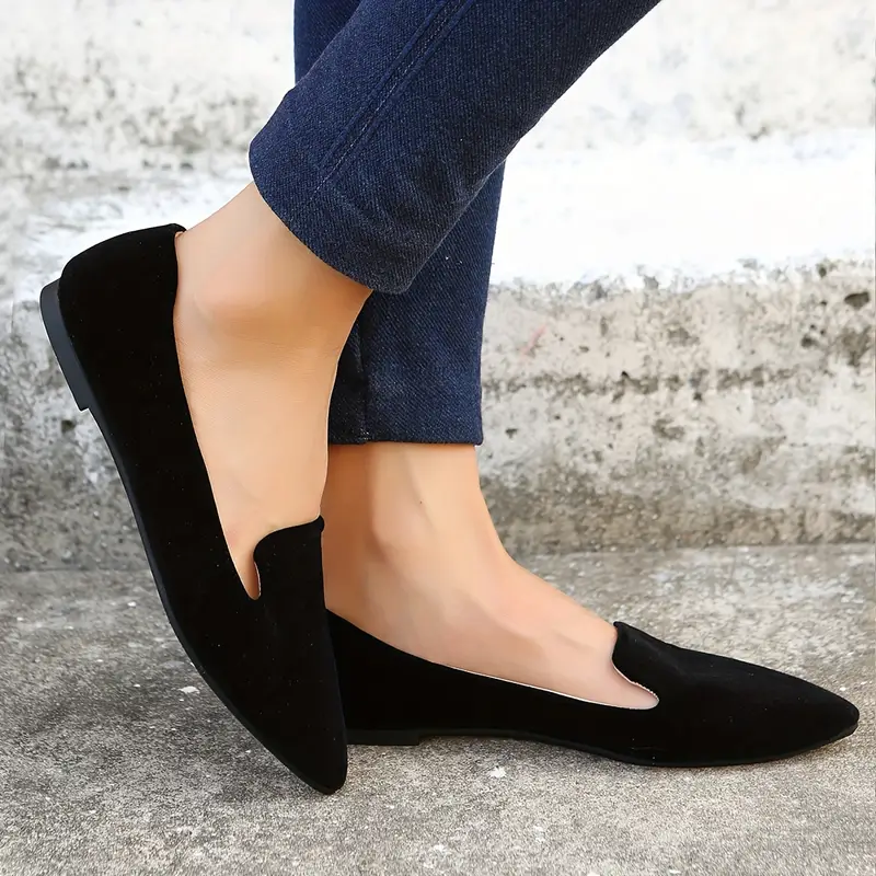 elegant womens black slip on flats soft sole pointed toe lightweight comfortable ideal for work casual wear cover lining rubber sole details 4