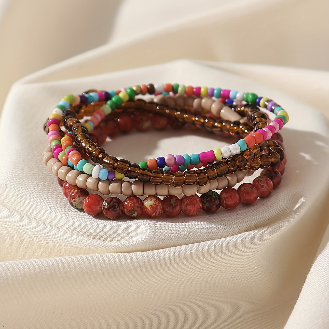 Bead and String Combo Bracelets - Set of 3 Dark Brown