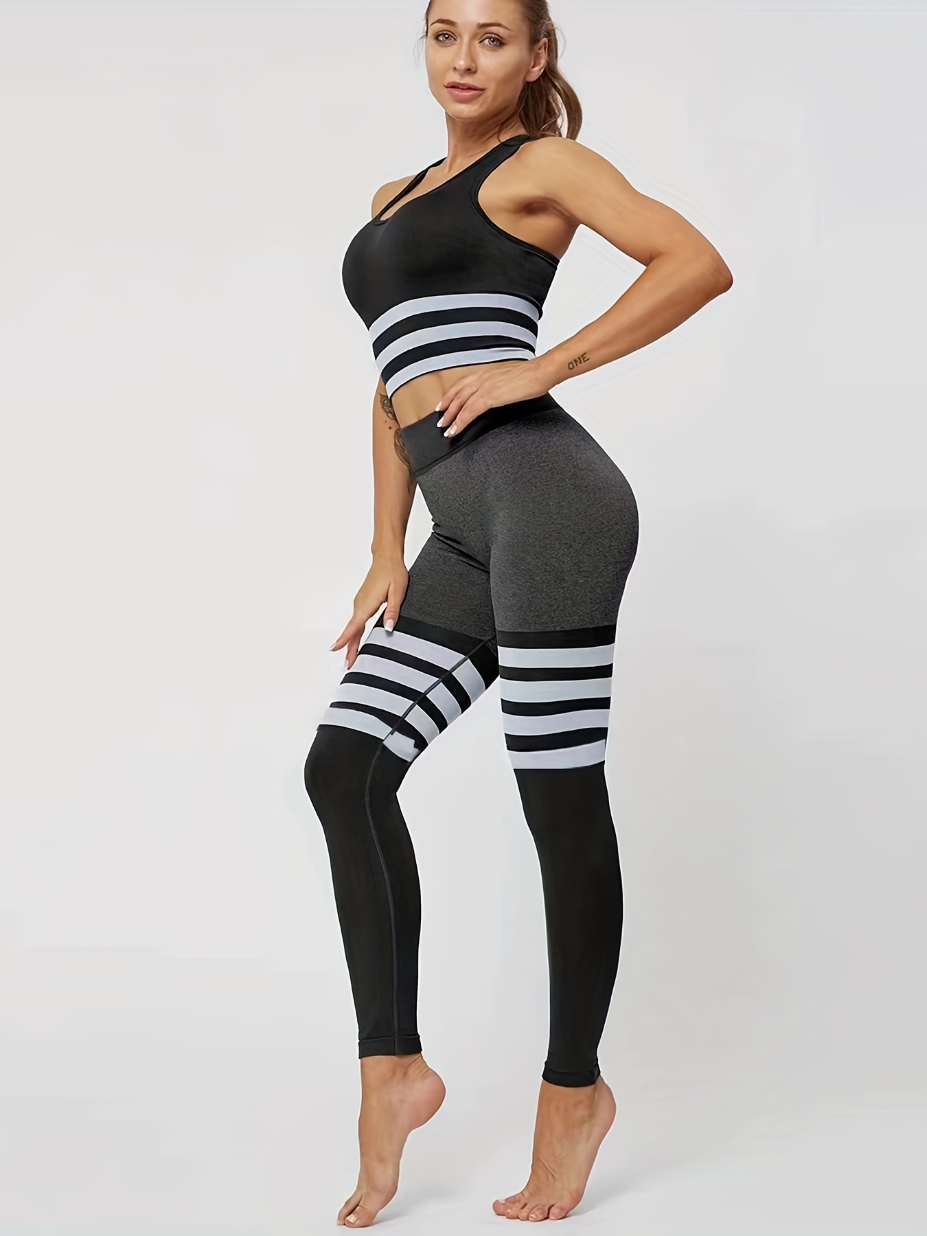 Striped Detail Sports Leggings For Women, Seamless High Waisted Slimming  Workout Gym Yoga Tight Pants, Women's Activewear