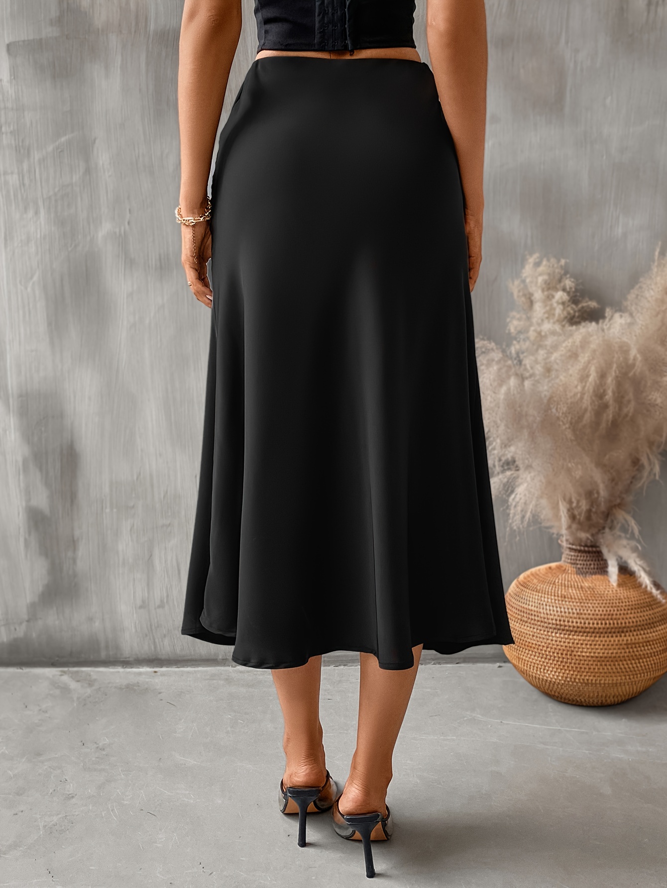 Women's Summer Skirt Black A-line Silk Satin Skirts Beautiful Elegant Midi  High-waisted Long Skirts Woman Skirts Black Skirt