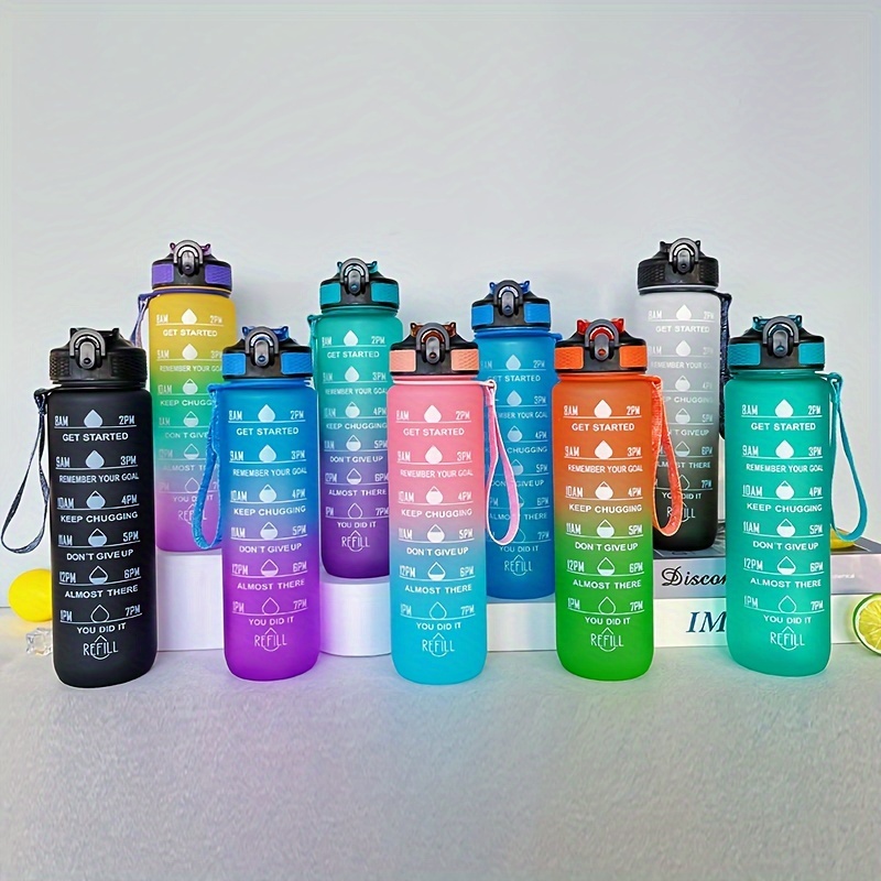 

1pc 1000ml/33.81oz Gradient Color Water Bottle With Time Marker, Leakproof Flip Top Straw Drinking Cup, With Carrying Strap, Suitable For Fitness, Yoga, Hiking, Sports