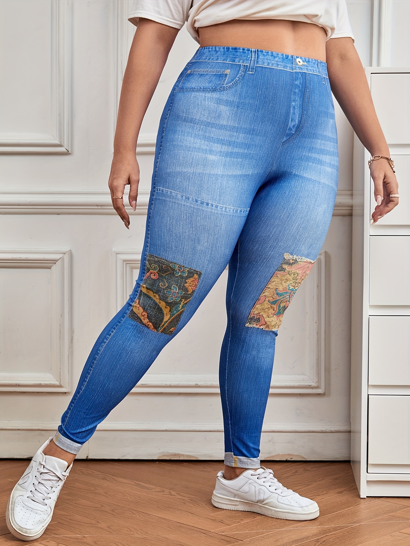 Women's Leggings Faux Denim Floral Printed Yoga Pants Casual - Temu Canada