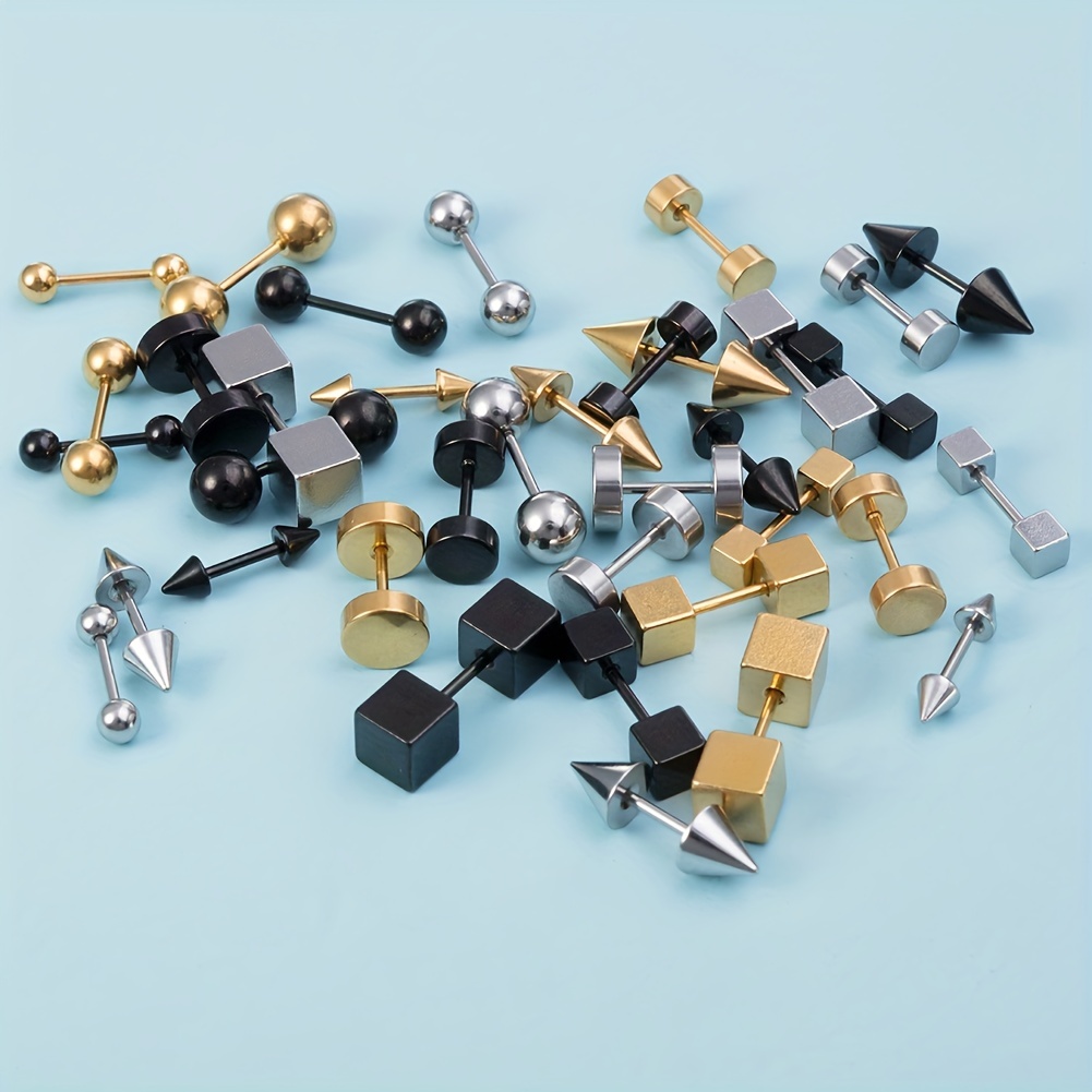 3pcs Pack Ear Bone Studs for Men, Ball Pointed Cone Round Cake Square